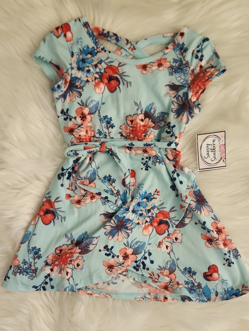 Floral Belted Dress - Aqua, Coral & Blue Flowers - Girls 3T - Rare Editions